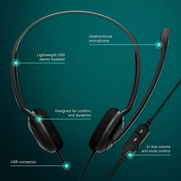 EPOS PC 8 USB A On-Ear Stereo Wired Headset with Microphone, Wired Headphones, Inline Volume Control, Mute Function, Noise-Canceling Microphone, for Laptop, PC, Mac - Online Calls, Teaching