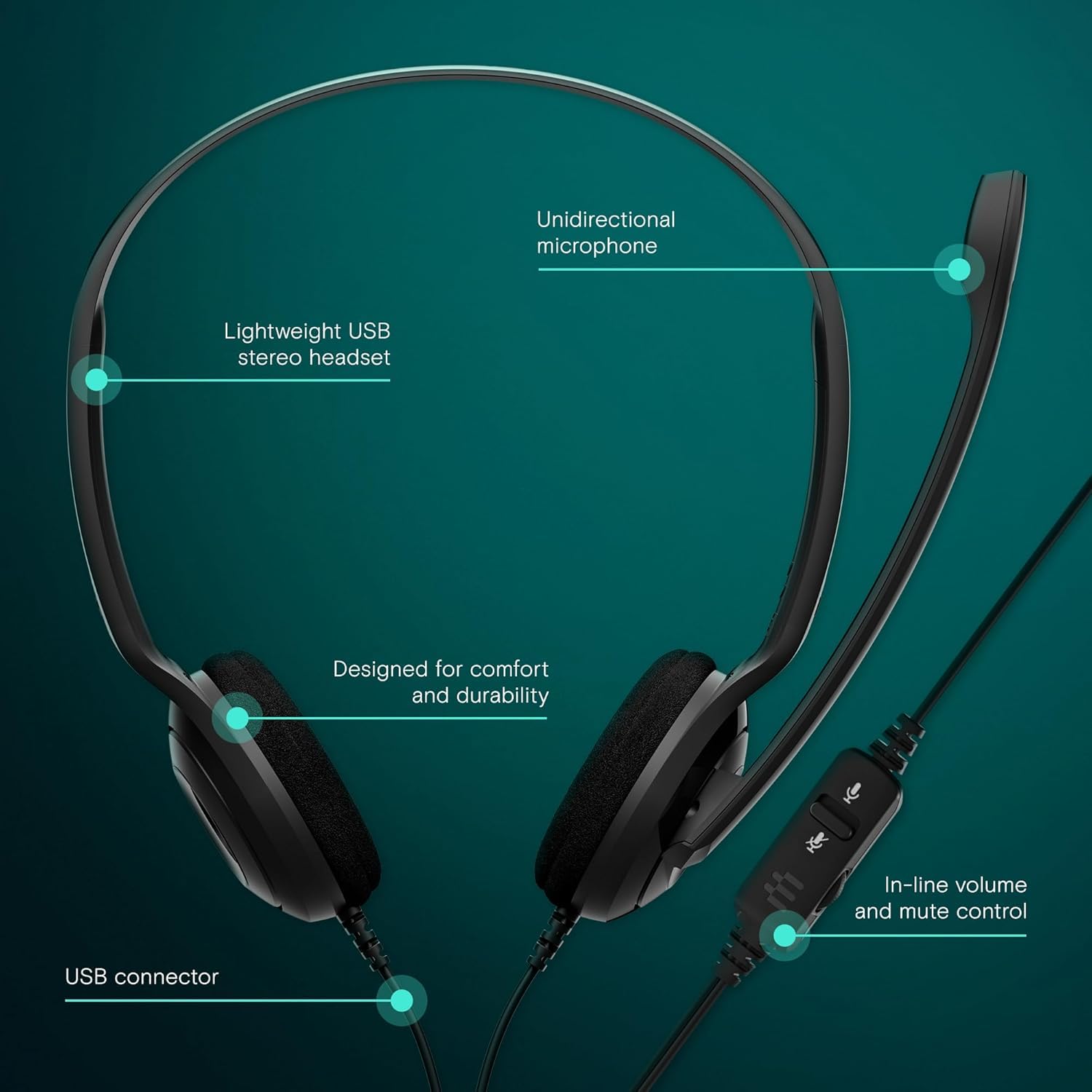 EPOS PC 8 USB A On-Ear Stereo Wired Headset with Microphone, Wired Headphones, Inline Volume Control, Mute Function, Noise-Canceling Microphone, for Laptop, PC, Mac - Online Calls, Teaching