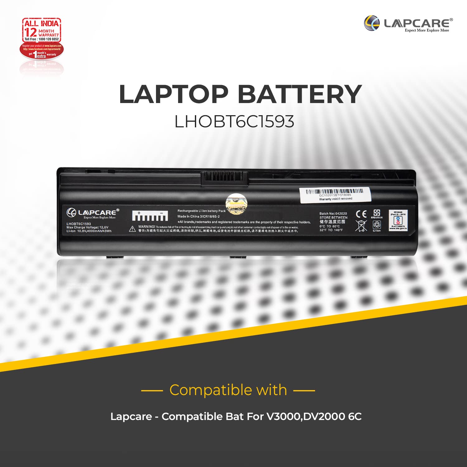 Lapcare Compaq LHOBT6C1593,V3000,DV2000 6C Battery -Black
