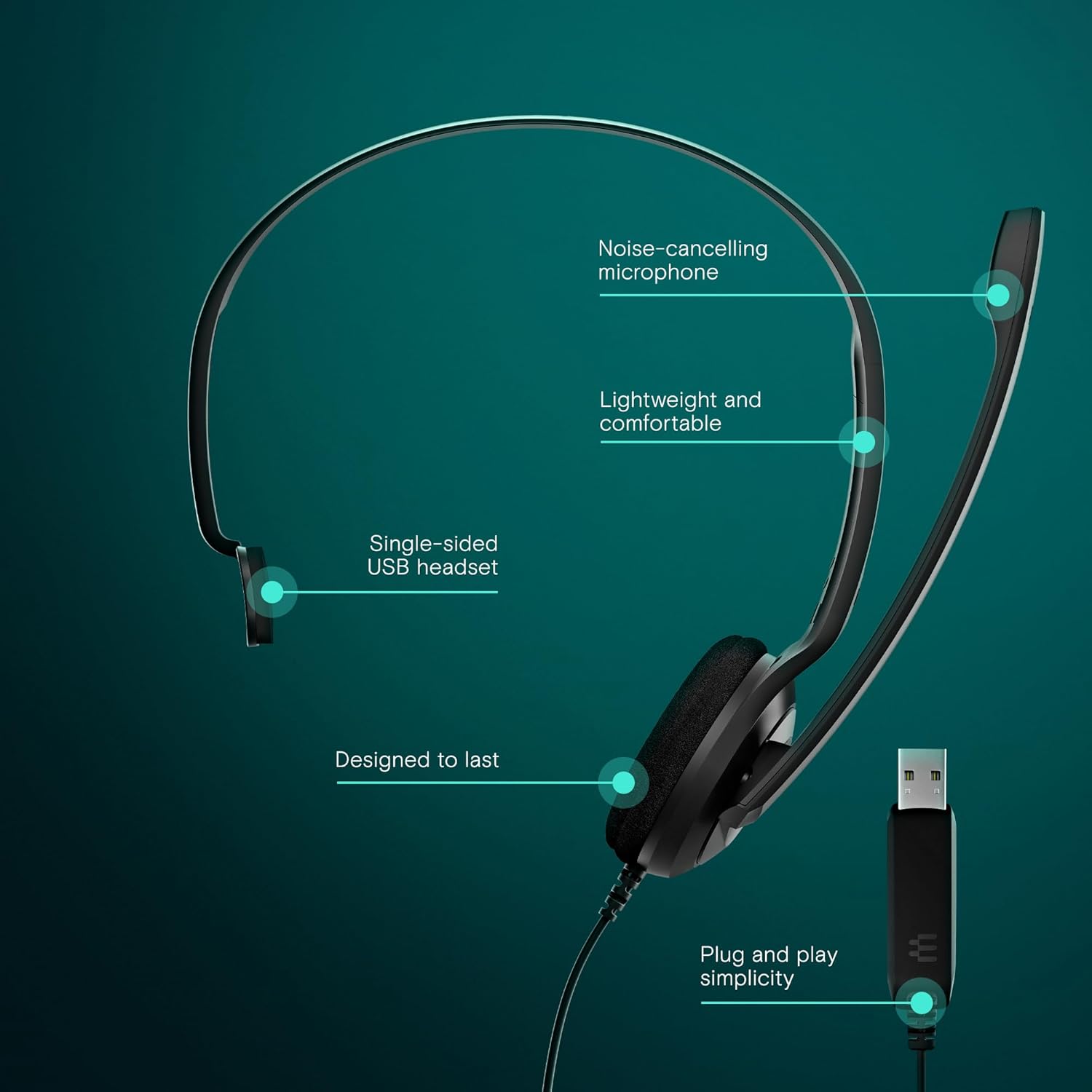 EPOS PC 7 USB Mono USB Headset with Microphone, Plug-and-Play for PC and Mac, Lightweight and Comfortable with Noise-Canceling Microphone, Durable and Robust for Daily Use, E-learning and Business mic