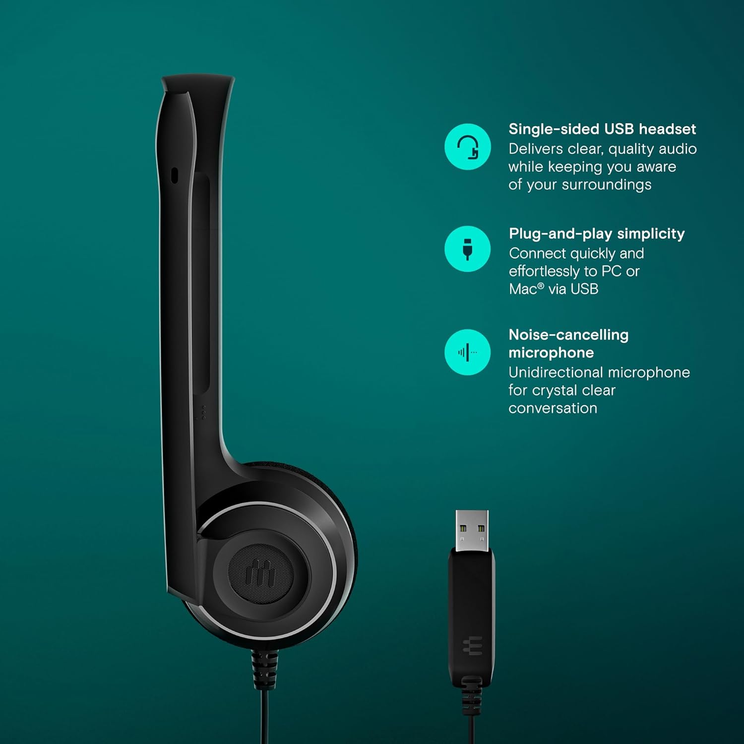 EPOS PC 7 USB Mono USB Headset with Microphone, Plug-and-Play for PC and Mac, Lightweight and Comfortable with Noise-Canceling Microphone, Durable and Robust for Daily Use, E-learning and Business mic