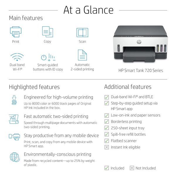 HP Smart Tank 720 All-in-One Auto Duplex WiFi Colour Printer, Print, Scan & Copy for Office, White