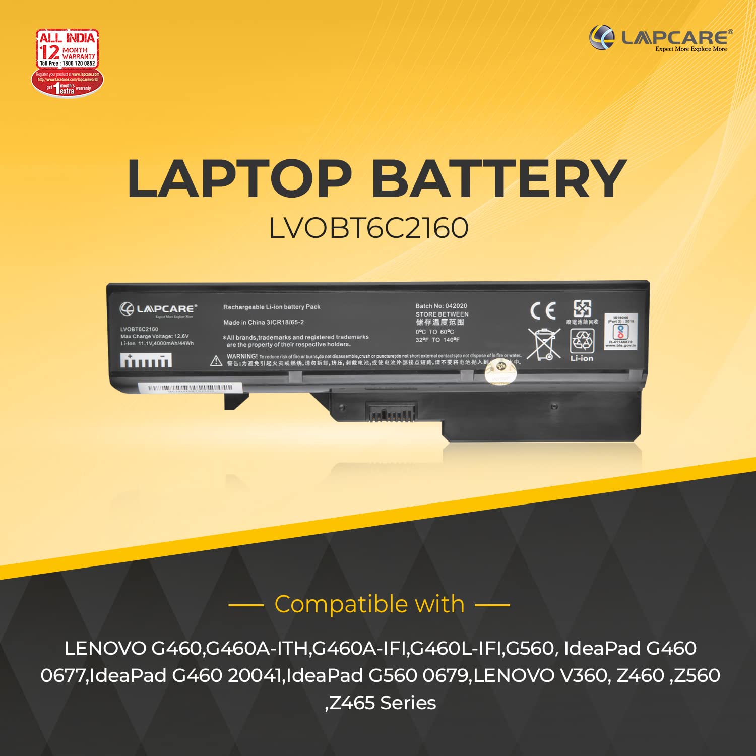 Lapcare Lenovo Ideapad G460 G560 Z560 Compatible Laptop Battery (Black)