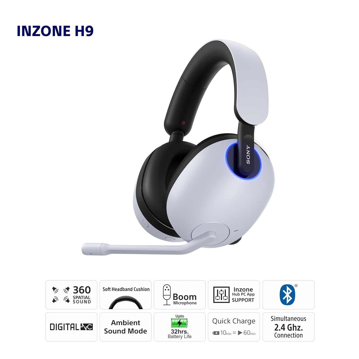 Sony INZONE H9, WH-G900N Wireless Noise Cancelling Gaming Headset, Over Ear Headphones with 360 Spatial Sound, 32 Hours Battery Life, Flip to Mute Mic, Mobile, Laptop, PS5 & PC Compatible (White)