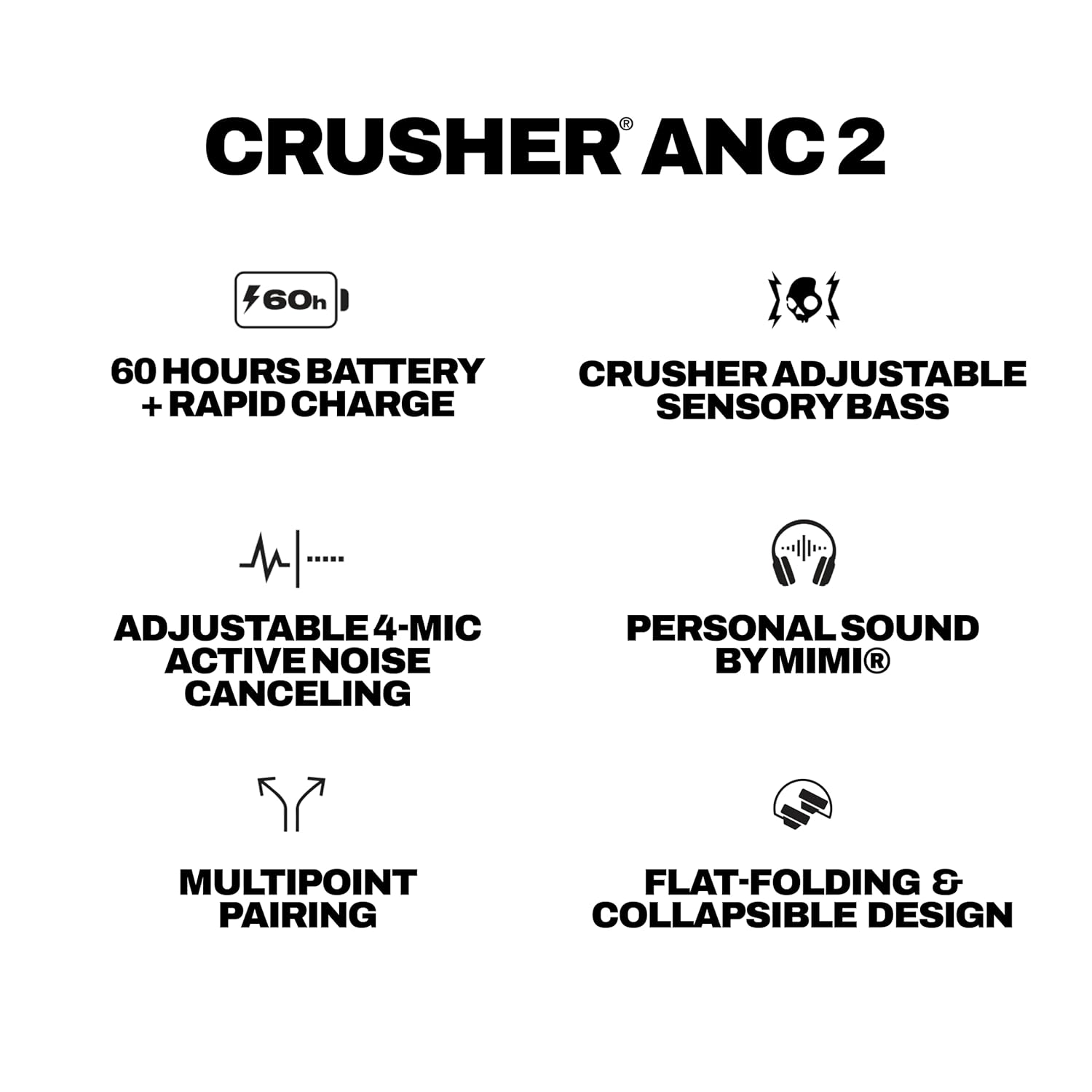 Skullcandy Crusher ANC 2 Over-Ear Wireless Headphones 100 dB| Active Noise Cancellation, Sensory Bass, Dual Pairing, 50H Battery, Rapid Charge, Alexa Built-in | Bone, Off White