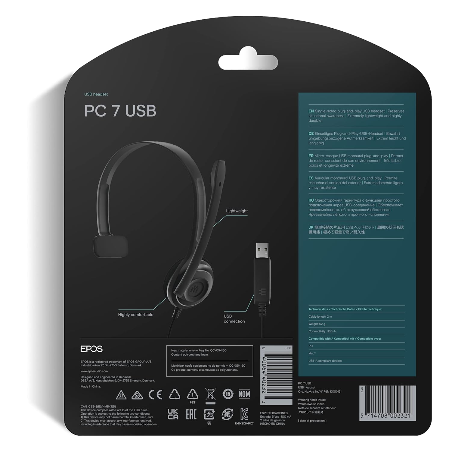 EPOS PC 7 USB Mono USB Headset with Microphone, Plug-and-Play for PC and Mac, Lightweight and Comfortable with Noise-Canceling Microphone, Durable and Robust for Daily Use, E-learning and Business mic