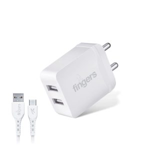 FINGERS PA-Dual USB Power Charger Adapter 12 W for Mobile Phones with Micro USB Cable - White