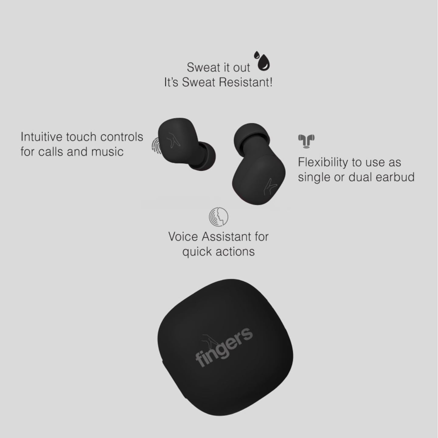 FINGERS SizeZero Pods2 World's Tiniest TWS Earbuds (Matte Black)