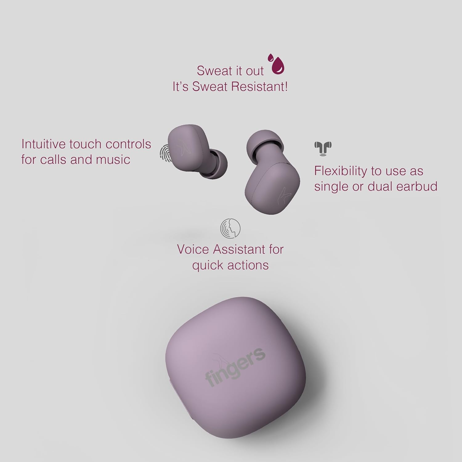 FINGERS SizeZero Pods2 World's Tiniest TWS Earbuds (Lilac)