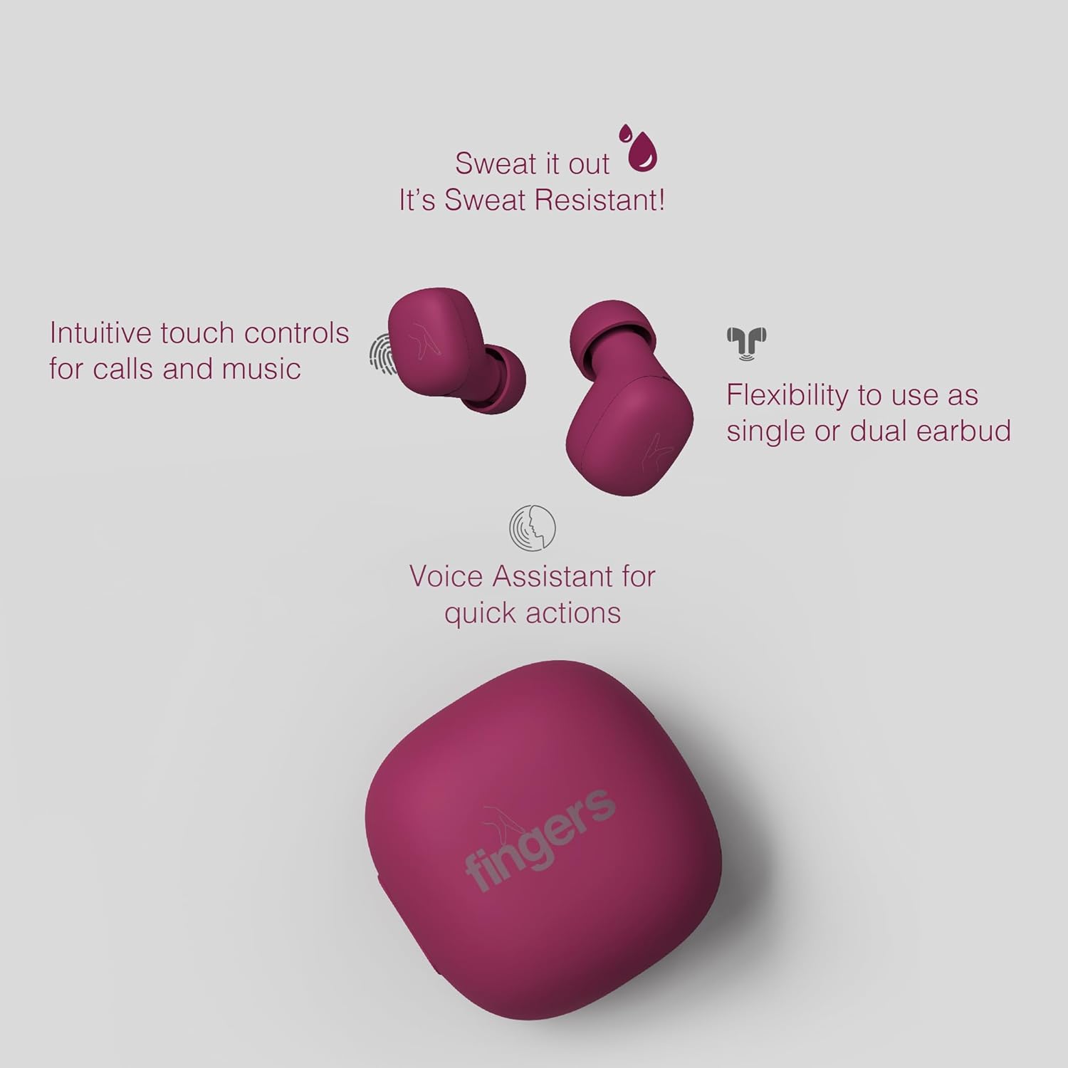 FINGERS SizeZero Pods2 World's Tiniest TWS Earbuds (Plum)