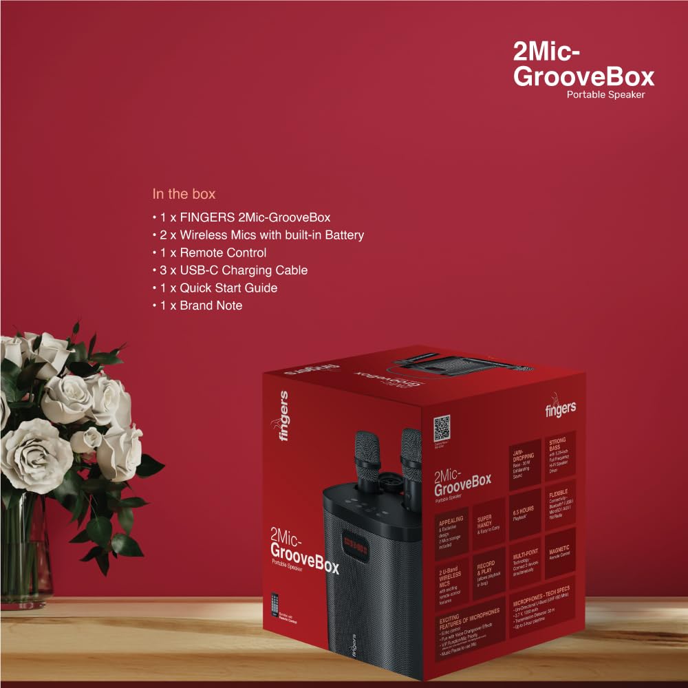 FINGERS 2Mic-GrooveBox Portable Speaker with 2 Wireless Mics