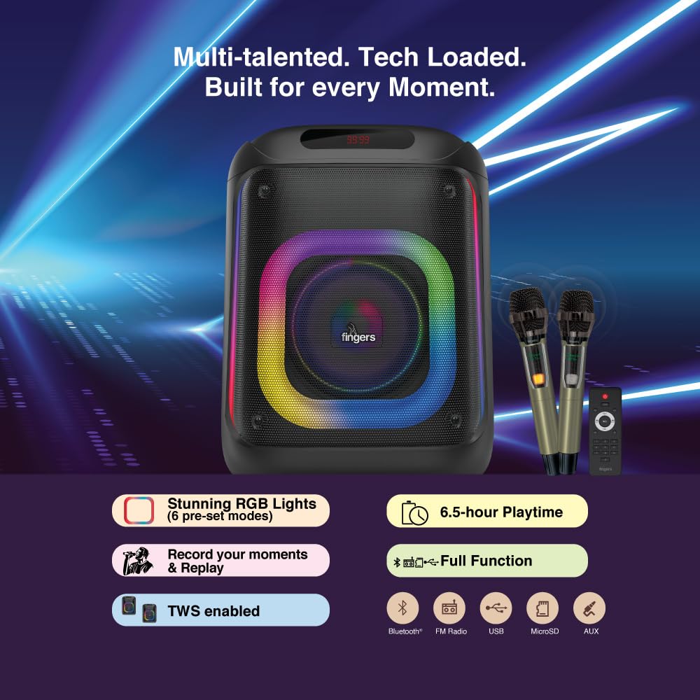 FINGERS 2Mic-ThunderBox45 Portable Speaker with 2 Wireless Mics