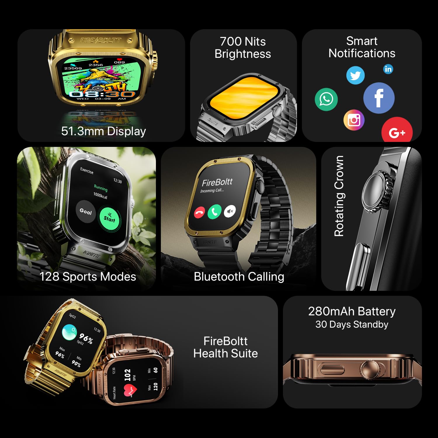 Fire-Boltt Maverick Smartwatch 51.308mm (2.02 inch) IPS Display, Luxury Stainless Steel Look, 320x385 Pixel Resolution, Bluetooth Calling, Voice Assistant (Black Gold)