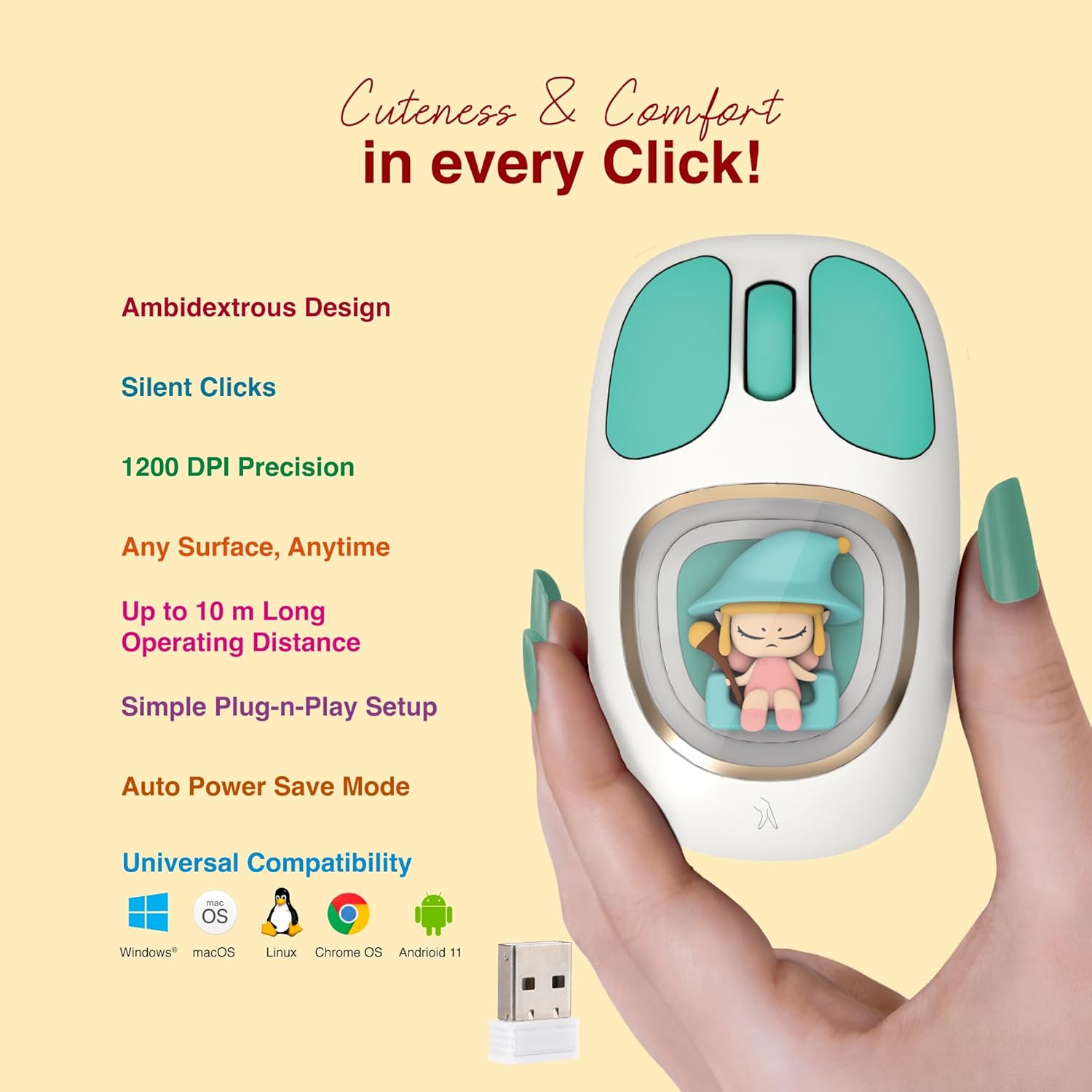 FINGERS CuteClicks WB4 Wireless Mouse (Happy White + Teal)