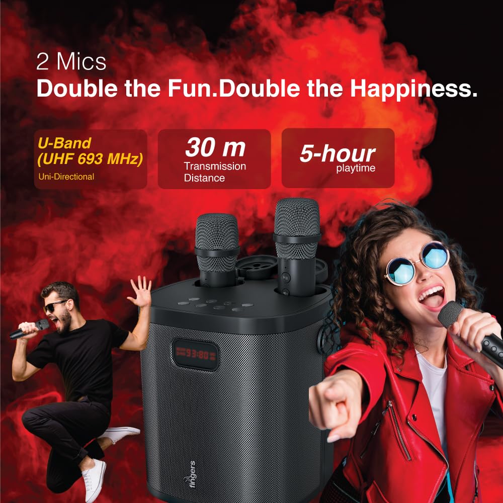 FINGERS 2Mic-GrooveBox Portable Speaker with 2 Wireless Mics