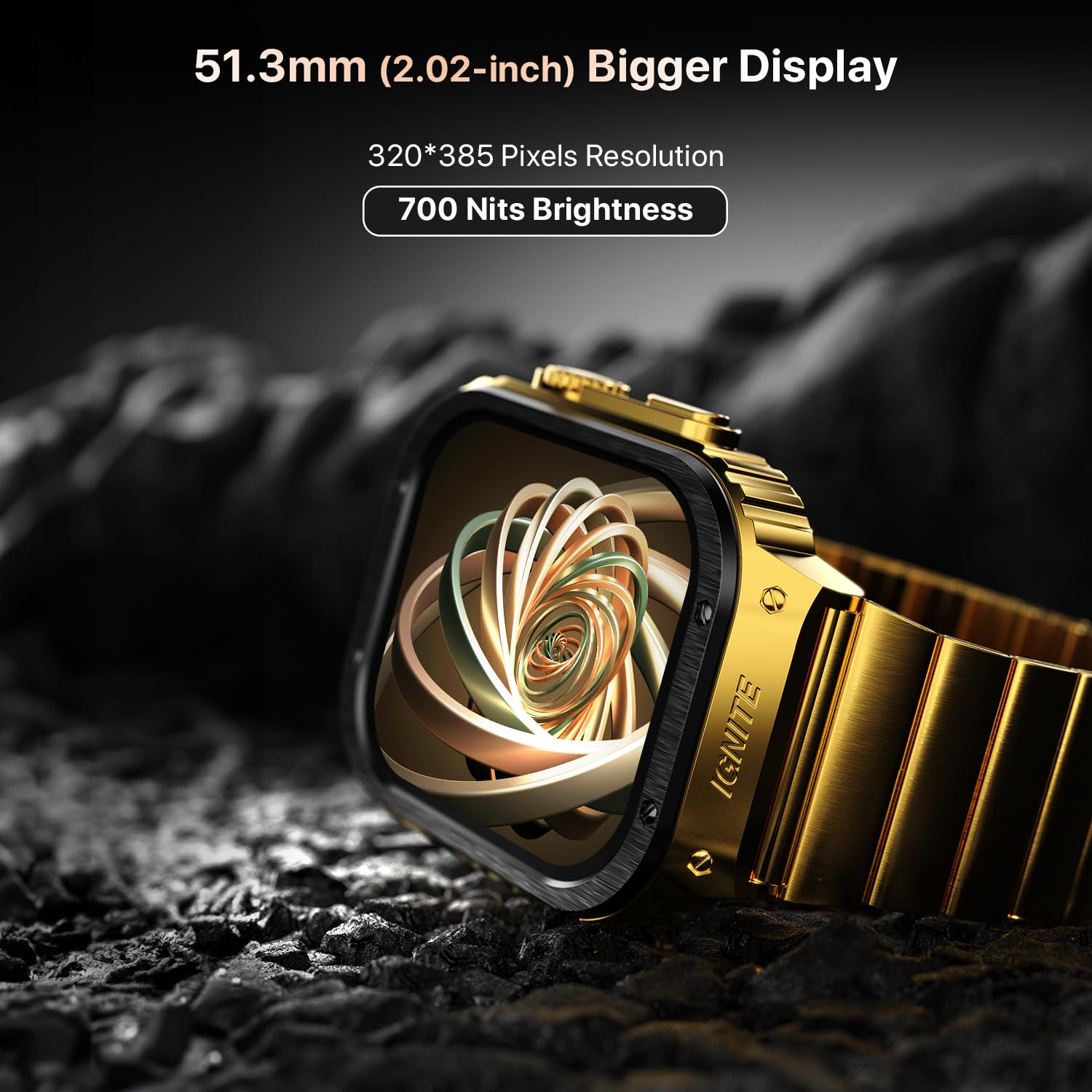 Fire-Boltt Maverick Smartwatch 51.308mm (2.02 inch) IPS Display, Luxury Stainless Steel Look, 320x385 Pixel Resolution, Bluetooth Calling, Voice Assistant (Black Gold)