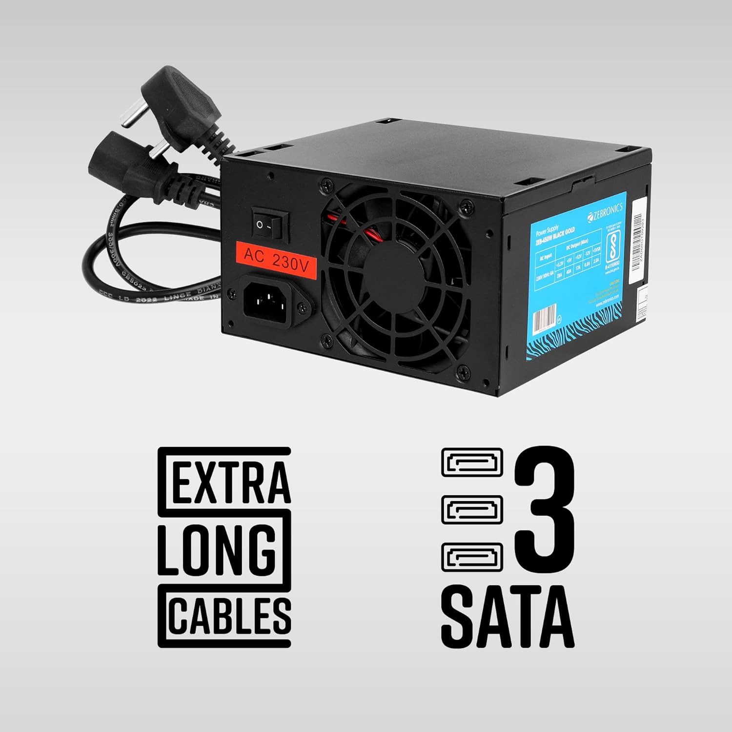 Zebronics 450W Black Gold Power Supply with 3X SATA connectors, 2X Molex, 80mm Built-in Fan, Extra Long Cables, 1.2 Meter Power Cable and Suitable for Regular use Computers