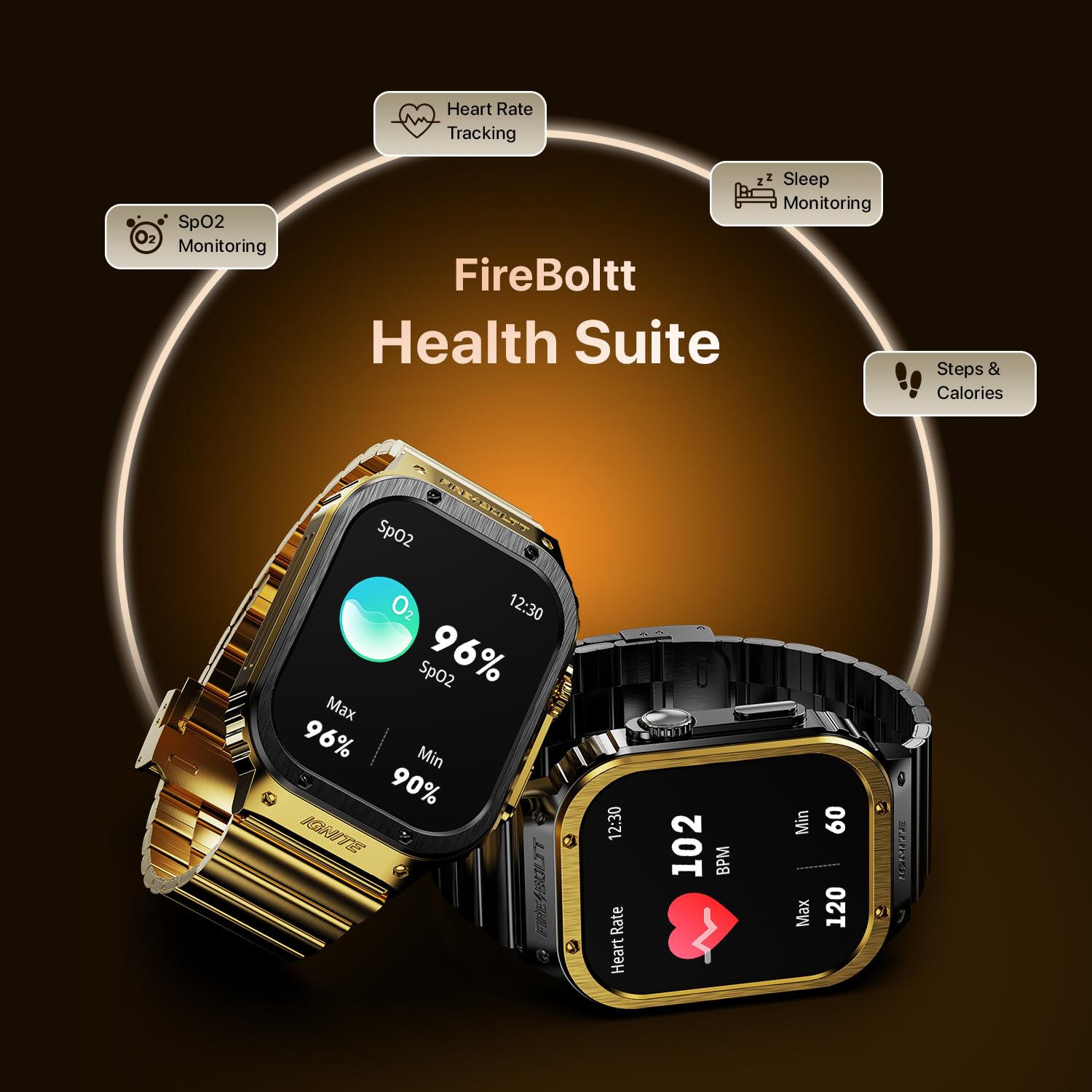 Fire-Boltt Maverick Smartwatch 51.308mm (2.02 inch) IPS Display, Luxury Stainless Steel Look, 320x385 Pixel Resolution, Bluetooth Calling, Voice Assistant (Black Gold)