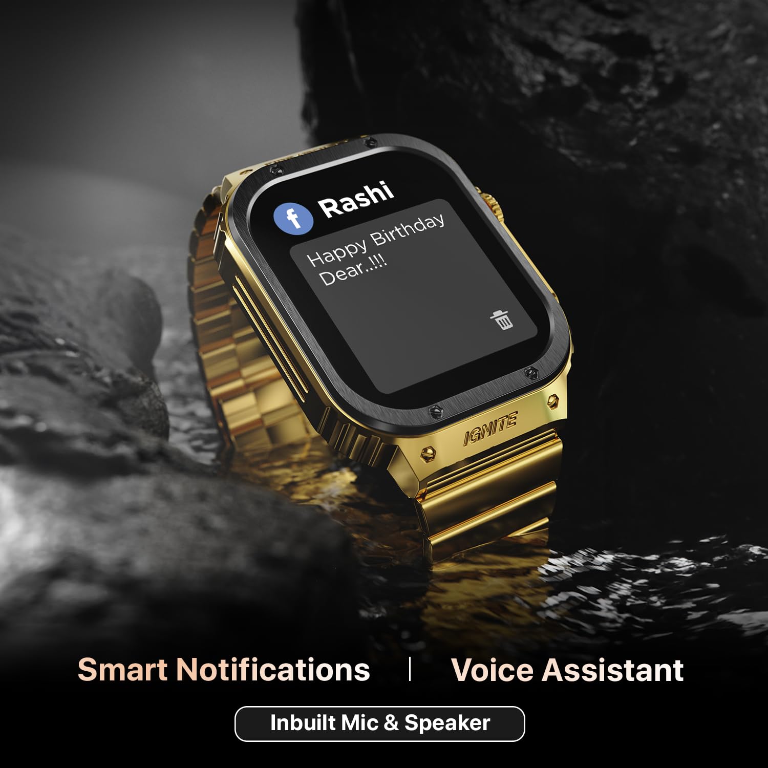 Fire-Boltt Maverick Smartwatch 51.308mm (2.02 inch) IPS Display, Luxury Stainless Steel Look, 320x385 Pixel Resolution, Bluetooth Calling, Voice Assistant (Black Gold)