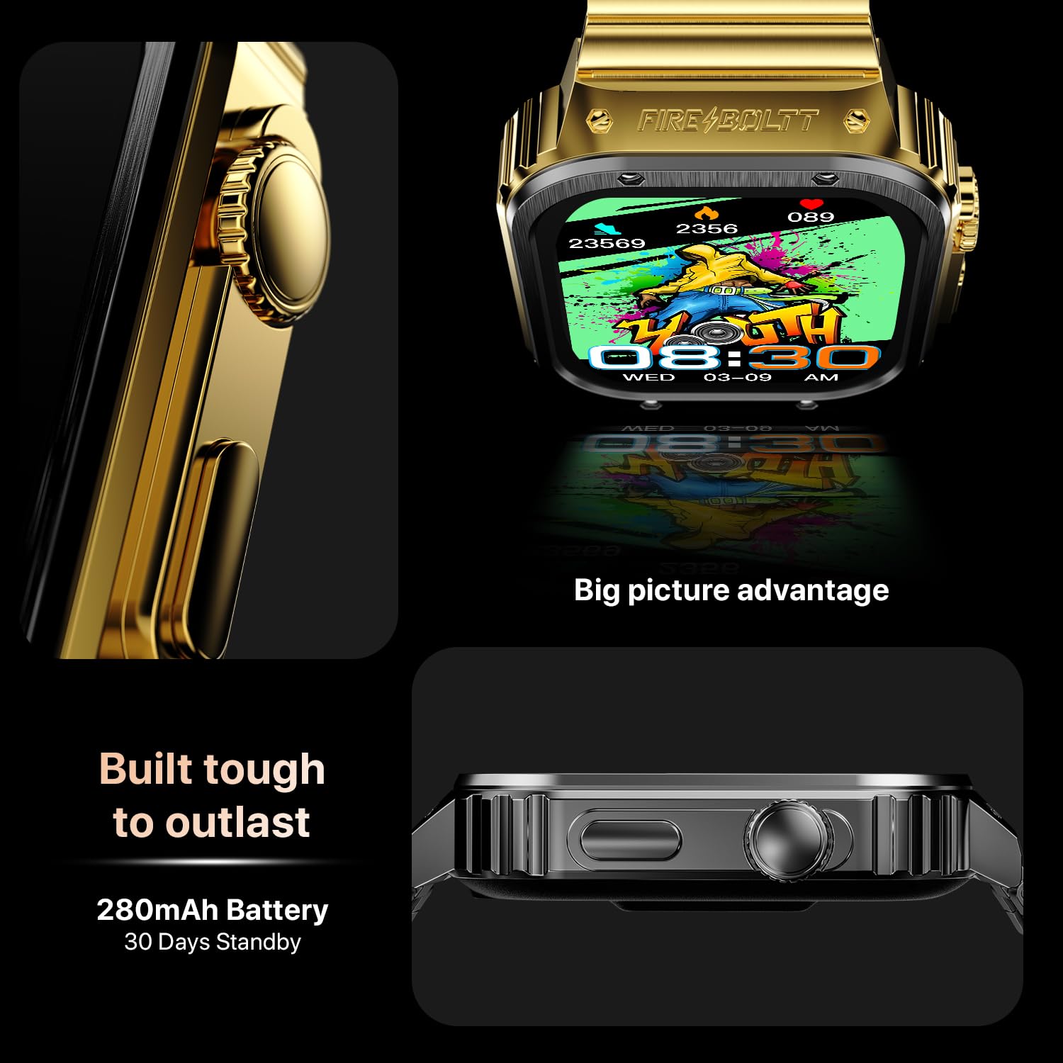 Fire-Boltt Maverick Smartwatch 51.308mm (2.02 inch) IPS Display, Luxury Stainless Steel Look, 320x385 Pixel Resolution, Bluetooth Calling, Voice Assistant (Black Gold)