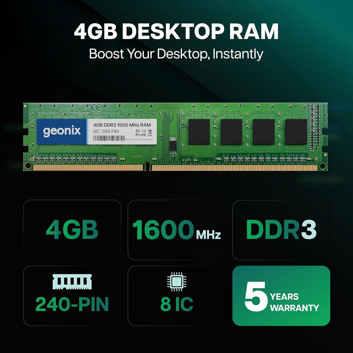 Geonix 4GB DDR3 Desktop RAM 8IC 1600 Mhz