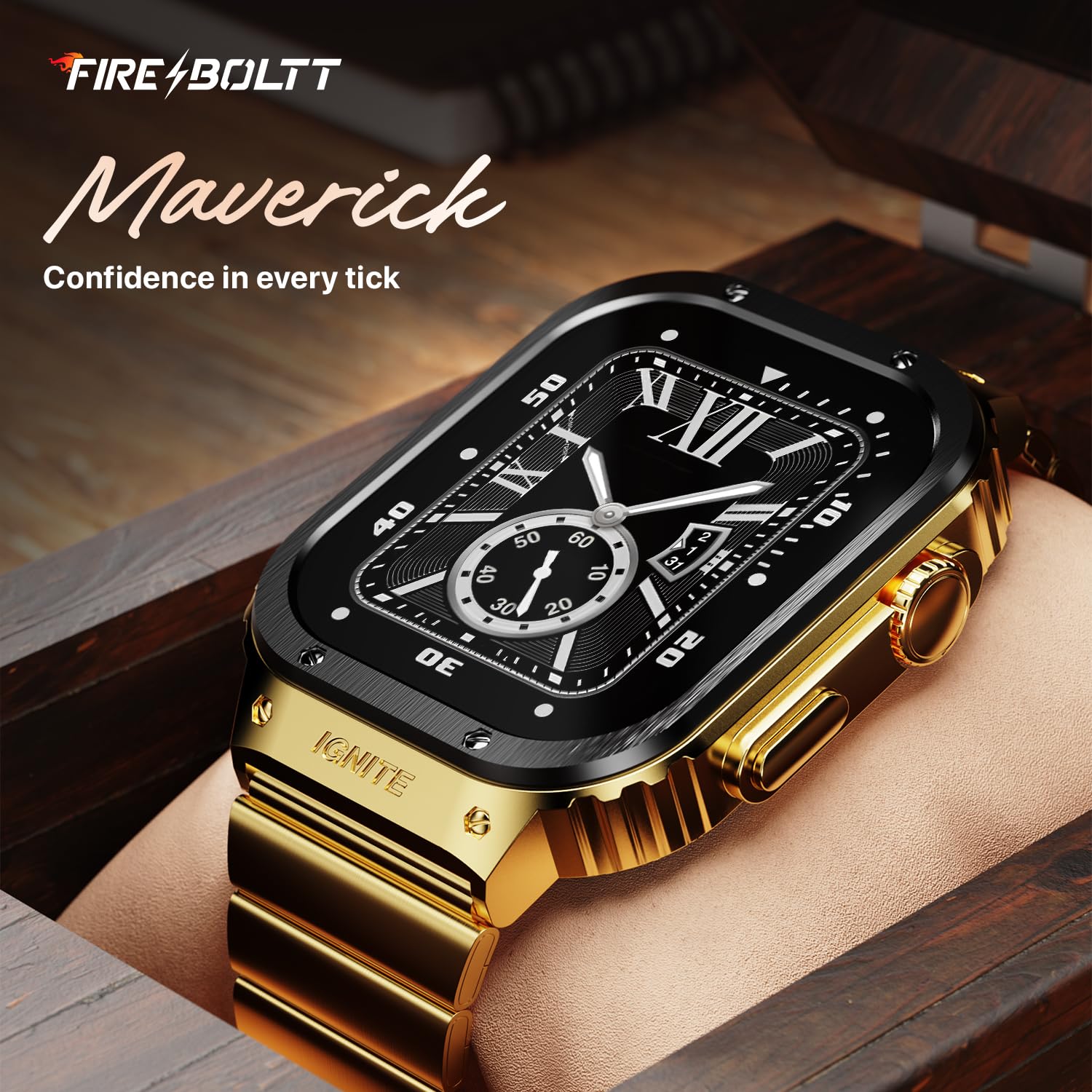 Fire-Boltt Maverick Smartwatch 51.308mm (2.02 inch) IPS Display, Luxury Stainless Steel Look, 320x385 Pixel Resolution, Bluetooth Calling, Voice Assistant (Black Gold)
