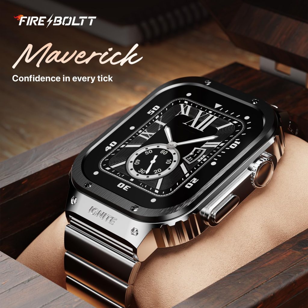 Fire-Boltt Maverick Smartwatch 51.308mm (2.02 inch) IPS Display, Luxury Stainless Steel Look, 320x385 Pixel Resolution, Bluetooth Calling, Voice Assistant (Black Silver)