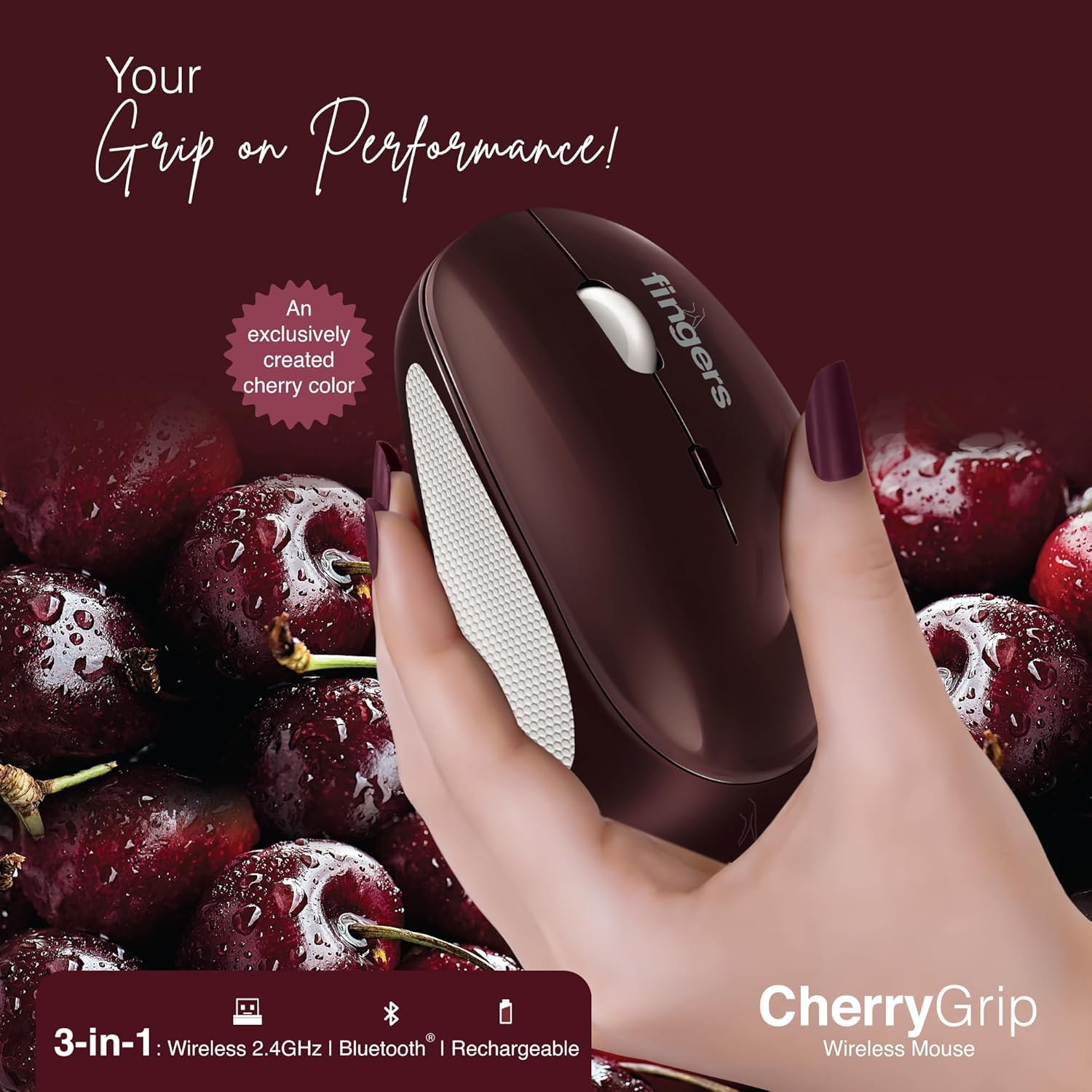 FINGERS CherryGrip Wireless Mouse - 3-in-1 (Bluetooth + USB Receiver + Rechargeable)