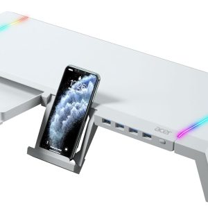acer Ergo Multifunction Monitor & Laptop Stand Featuring RGB Lighting and a 4-Port USB Hub with Aluminum Multi Keyboard Storage Space Bar, Suitable for Both Office and Home Environments (White)
