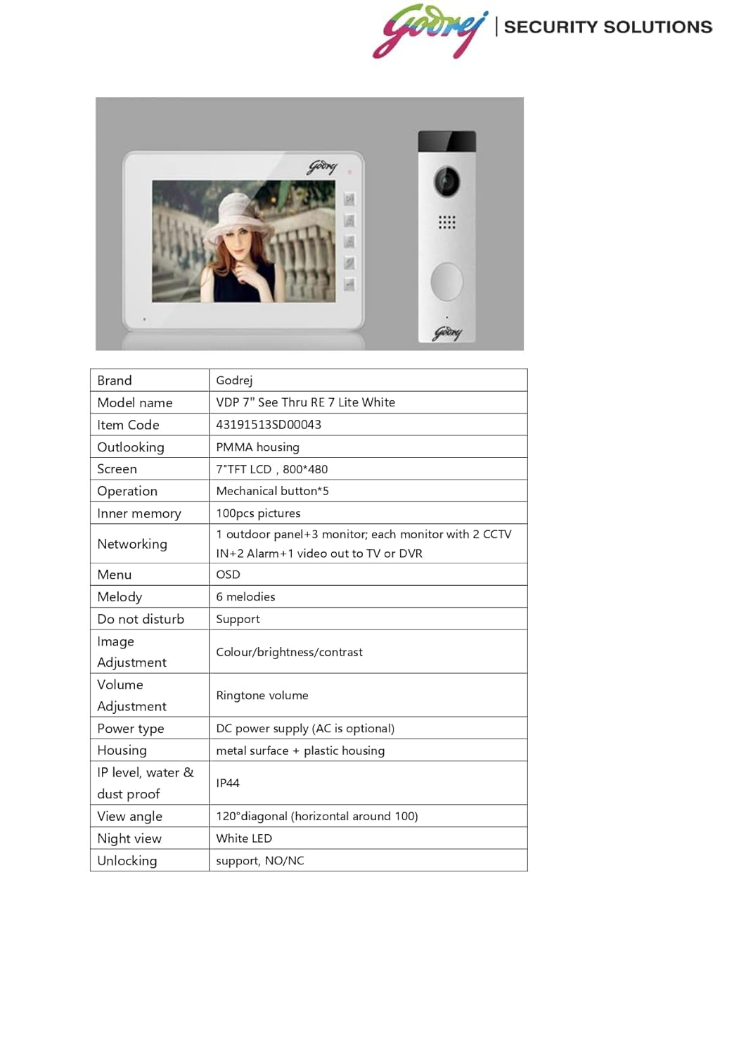 Godrej Security Solutions Seethru VDP RE7 Lite White Video Door Phone with Free Installation - Image 2