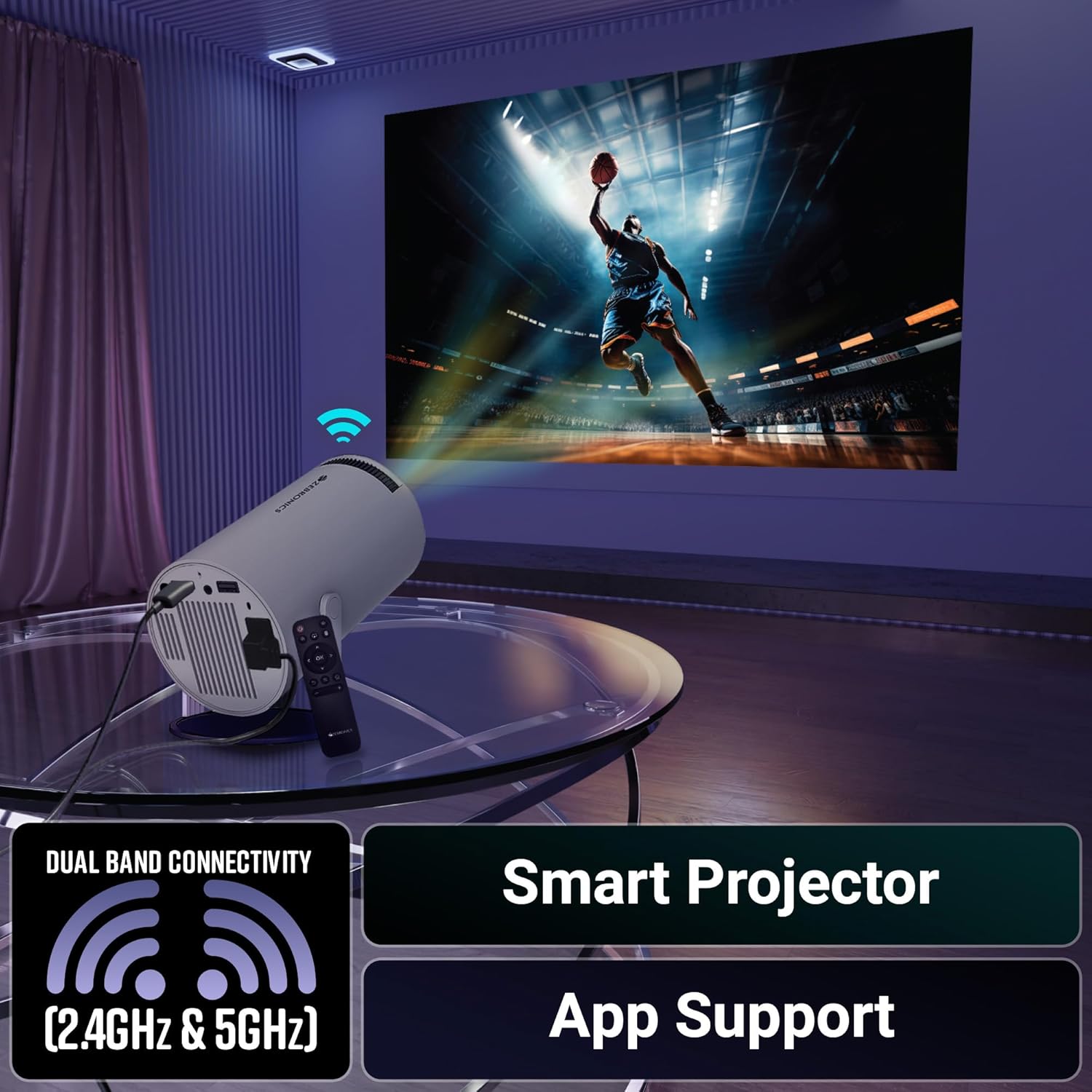 Zebronics PixaPlay® 73 Android Smart Projector, 720p Native, Support 4K, OTT Apps (Netflix, PrimeVideo, Hotstar), 200° Rotatable, 3300 Lumens, Auto Keystone, Miracast, 3W Speaker, 130" Screen, WiFi|BT