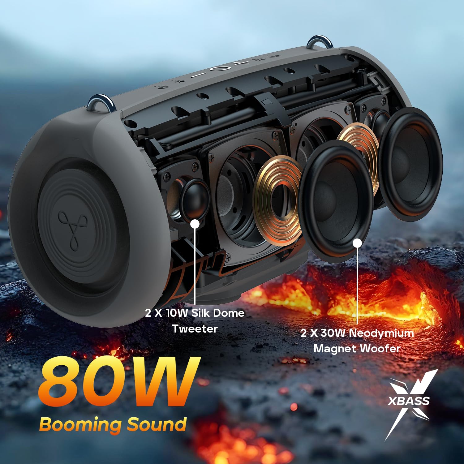 Tribit StormBox Lava Portable Bluetooth Speaker, 80W Loud Wireless Speaker, 24H Playtime, IP67 Waterproof, Bluetooth 5.4, Custom EQ, XBass, Built-in Mic, TWS Pairing for Camping/Beach/Party/Outdoor