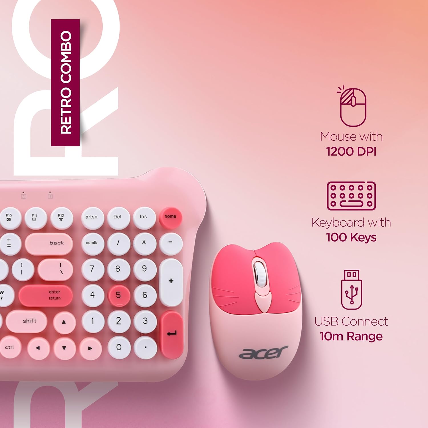 Acer CUTEO 2.4GHz Wireless Keyboard & Mouse Combo (Pink)