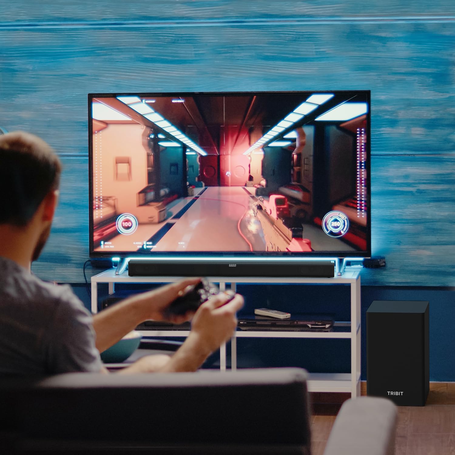 Tribit Soundbar Speaker S1 with Wired Subwoofer for Deep Bass(200W Peak), 2.1 Channel TV Home Theatre, BT5.3, LED Display, Multiple Connectivity and 4 EQ Modes, Bass & Treble Control & Remote Control