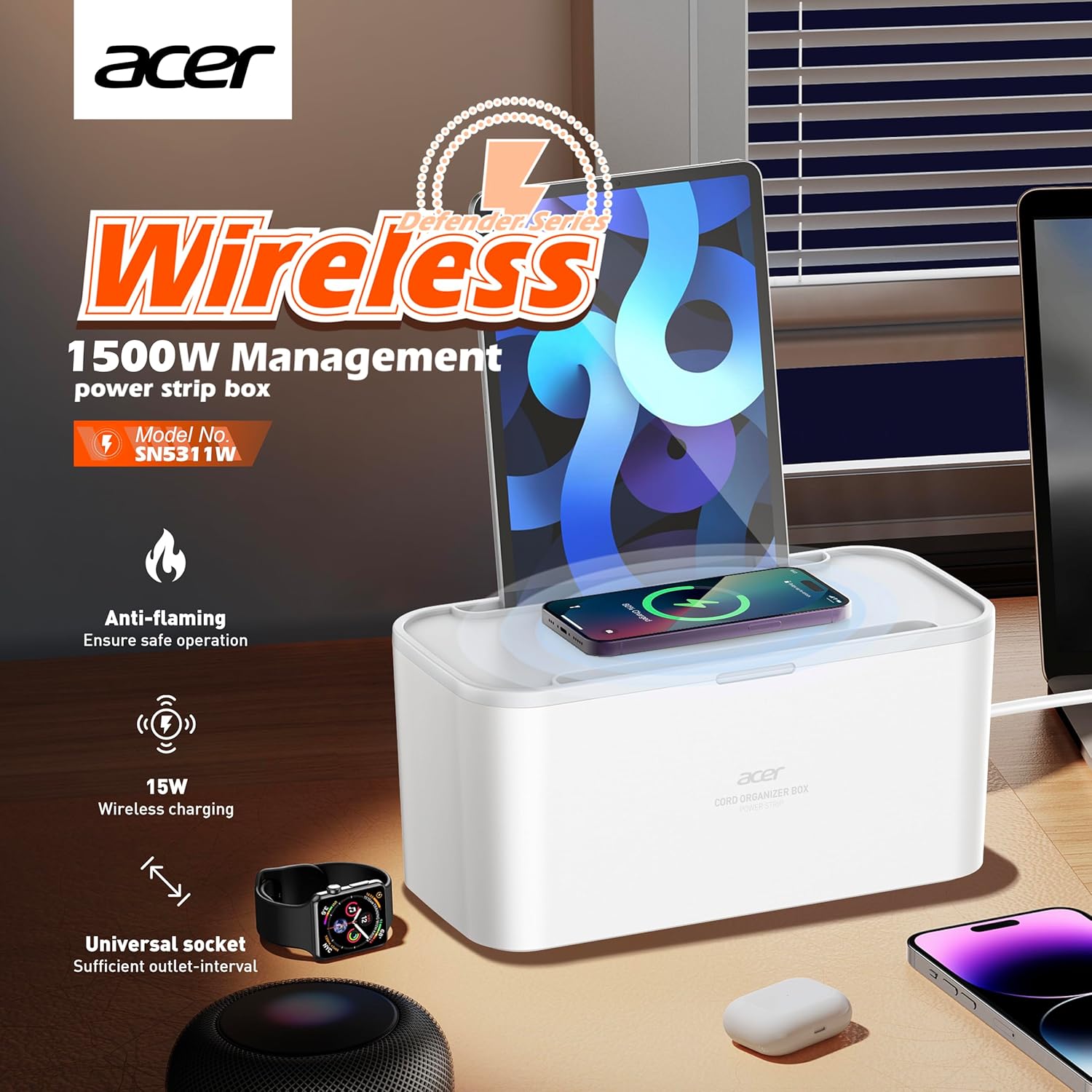 Acer PowerHub Elite Organizer | 3 AC Outlets, 3 USB Ports