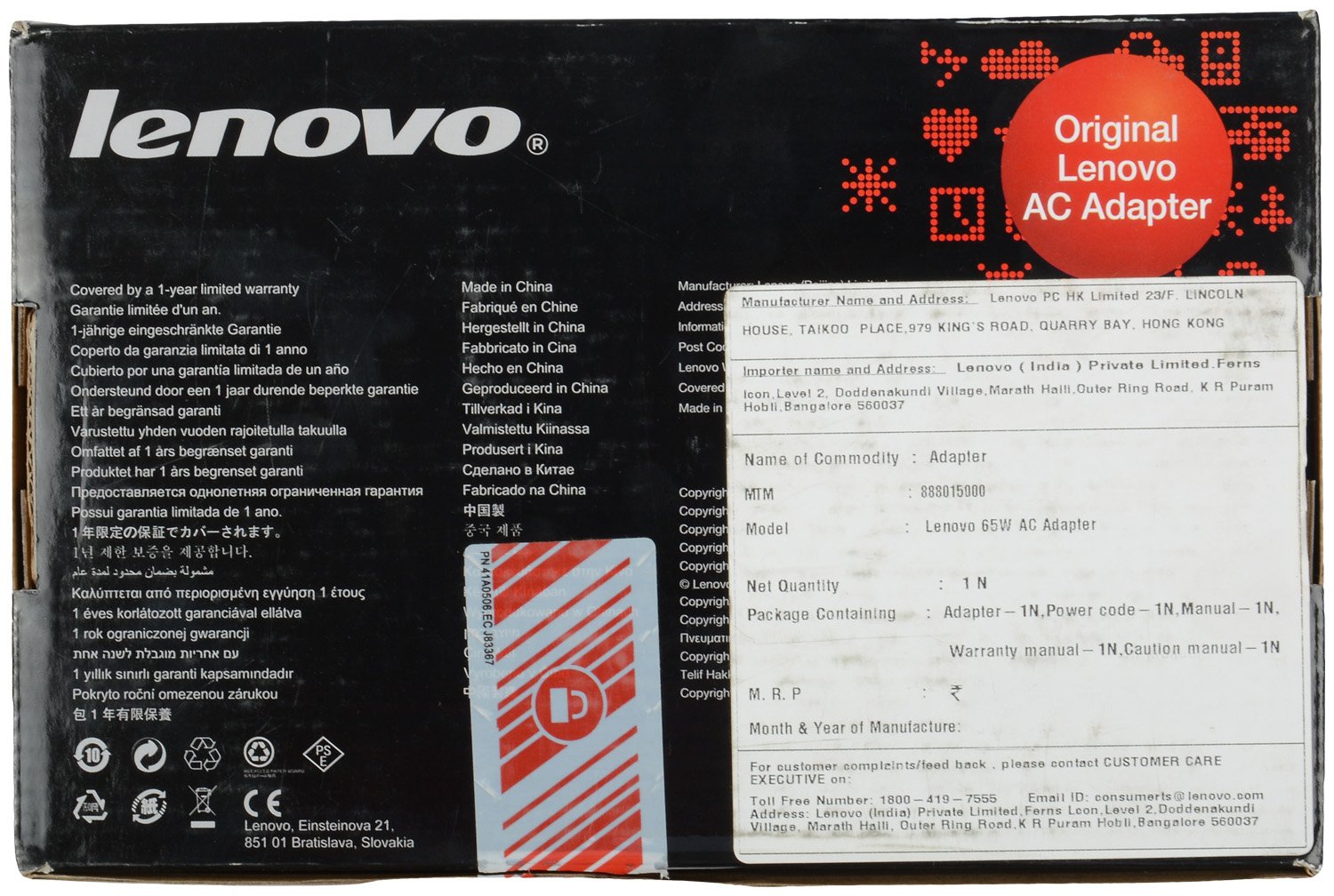 Lenovo 65W USB Slim Tip Rectangular pin Laptop Adapter/Charger with Power Cord for Select Models of Lenovo Laptops (888015000, Black)