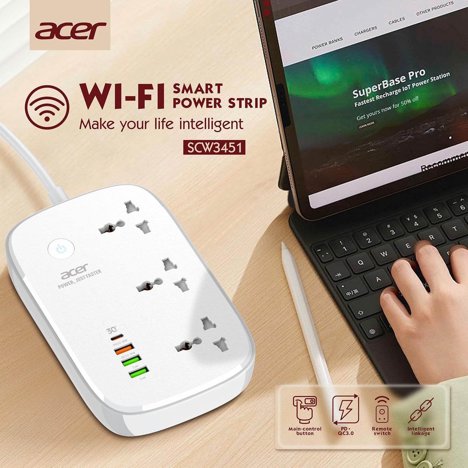 Acer PowerHub Smart | 3 AC Outlets, 4 USB Ports