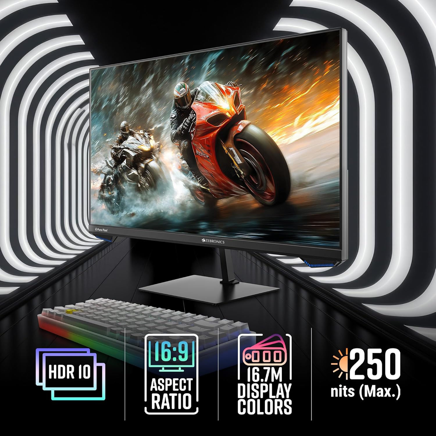 ZEBRONICS N25A 25"(62.3 cm) Gaming Monitor, FHD 1920x1080, IPS-Antiglare Display, 250Nits, 180Hz, 1ms MPRT, HDR10, 99% sRGB | 95% DCI-P3, Adaptive Sync, 1 x DP | 1 x HDMI | 1 x 3.5mm