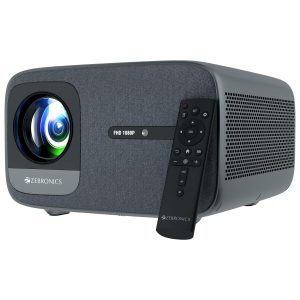 ZEBRONICS PIXAPLAY 59, Smart Projector, 1080p, 20000 Lumens, 200&quot; Screen Size, Auto [ Focus | Keystone | Obstacle Detection | Screenfit ], BT v5.0, WiFi, HDMI-ARC, Type C DP, APP Support, Miracast