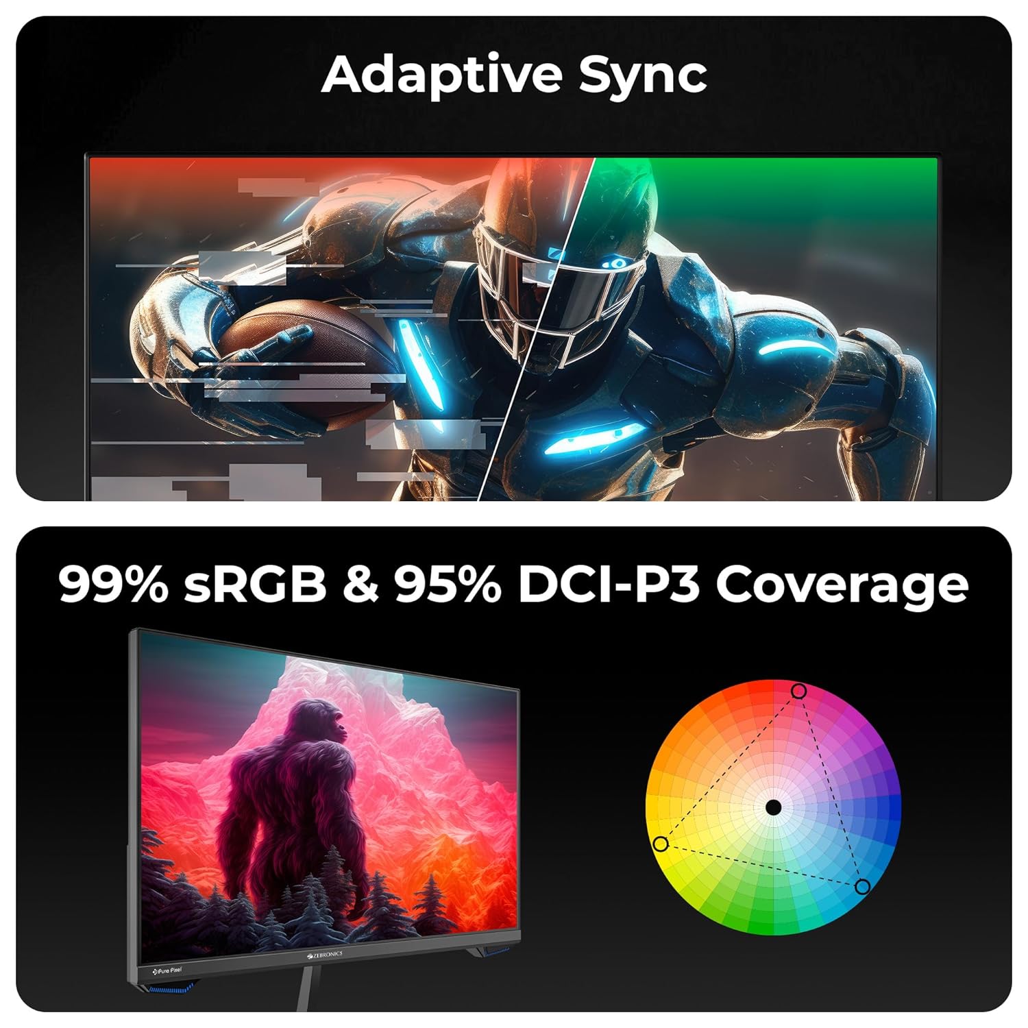 ZEBRONICS N25A 25"(62.3 cm) Gaming Monitor, FHD 1920x1080, IPS-Antiglare Display, 250Nits, 180Hz, 1ms MPRT, HDR10, 99% sRGB | 95% DCI-P3, Adaptive Sync, 1 x DP | 1 x HDMI | 1 x 3.5mm