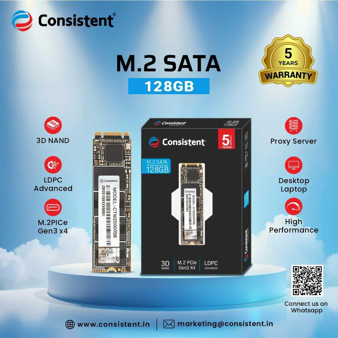 Consistent 128GB M.2 SATA 2280, with 520MB/s Read Speed, PCIe Gen 3.0, 5 Years Warranty