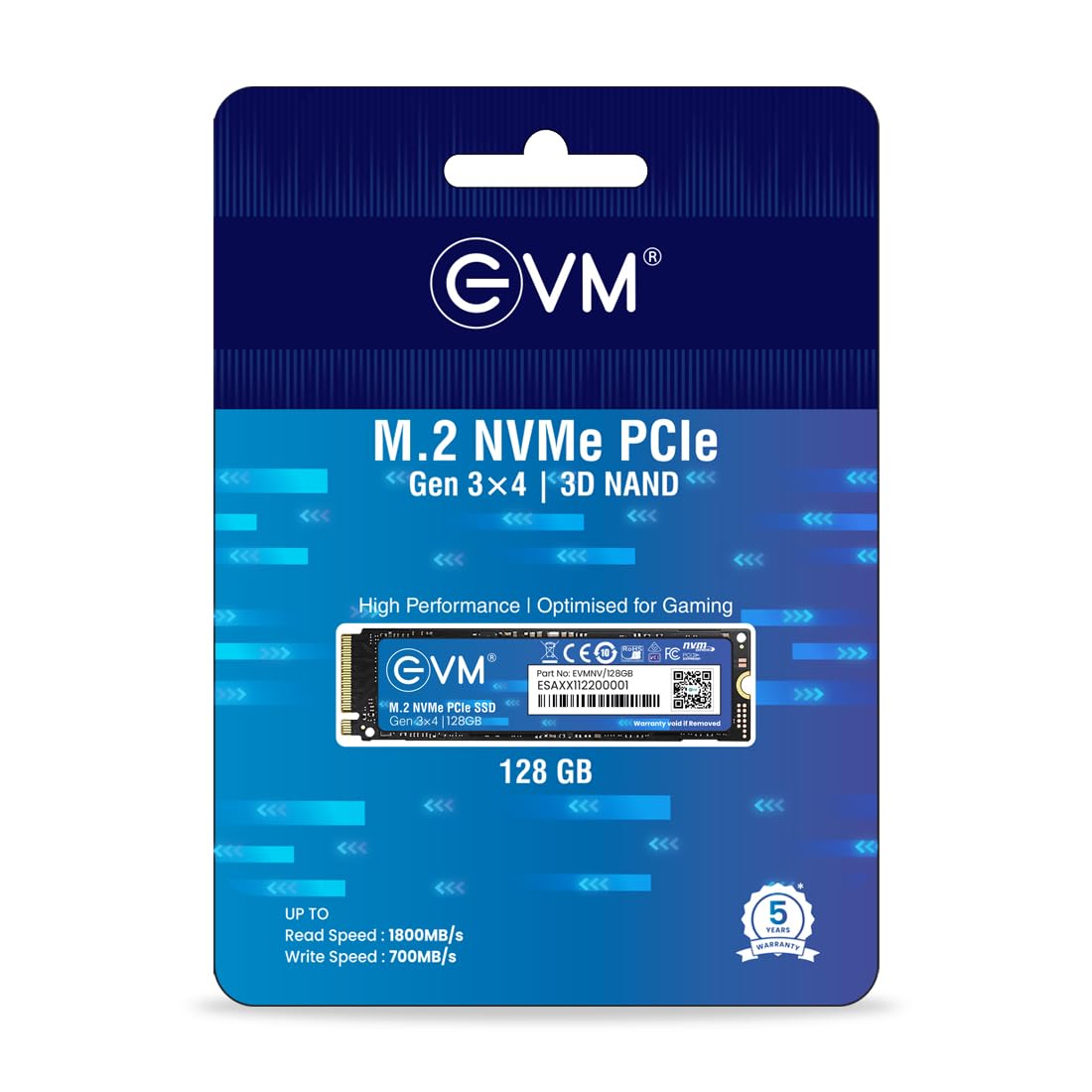 EVM 128GB NVMe Gen 3x4 Internal SSD (2280) – Upto 1800MB/s Read & 700MB/s Write | PCIe 3.0 M.2 Solid State Drive for Gaming, Laptops & Desktops | Shock Resistant & 5-Year Warranty (EVMNV/128GB)