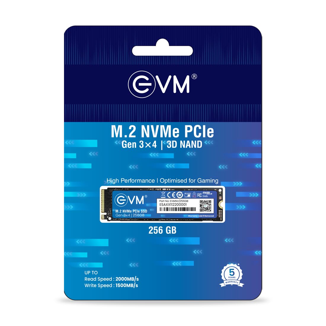 EVM 256GB NVMe Gen 3x4 Internal SSD (2280) – Upto 2000MB/s Read & 1500MB/s Write | PCIe 3.0 M.2 Solid State Drive for Gaming, Laptops & Desktops | Shock Resistant & 5-Year Warranty (EVMNV/256GB)