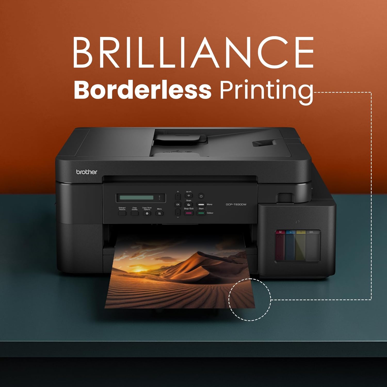 Brother Ink Tank DCP-T830DW (New Launch) WIFI Auto Duplex Color Printer (Print Scan Copy),ADF,LAN, PrintUpto 15K Pages Black & 5K Color Each for(CMY),Extra Black Ink, 80 Sheet MP Tray, Free Installation