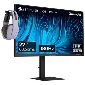 Zebronics 27" QHD Bezel-Less Gaming Monitor, 180Hz Refresh Rate, 1ms MPRT, Fast IPS, 300 Nits, 100% sRGB, 1.07B Colors, Height, Pivot, Tilt, Swivel Adjustment, 2 x HDMI & DP, Reading Lamp (S27A)