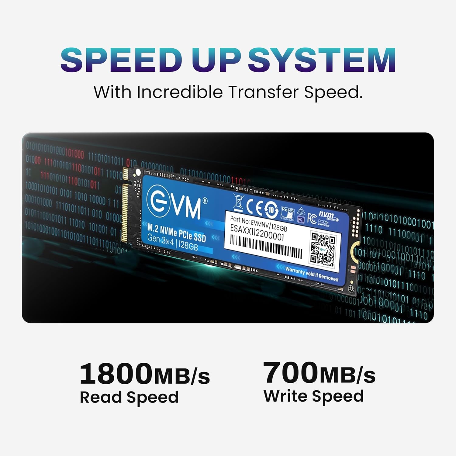 EVM 128GB NVMe Gen 3x4 Internal SSD (2280) – Upto 1800MB/s Read & 700MB/s Write | PCIe 3.0 M.2 Solid State Drive for Gaming, Laptops & Desktops | Shock Resistant & 5-Year Warranty (EVMNV/128GB)