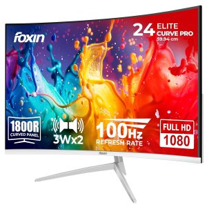 Foxin Elite Pro 24 Inch Curved LED Monitor | 100Hz Refresh Rate |1800R Curve| Full HD 1080p| Built in Speaker | Bezel Less Design | HDMI & VGA Ports | White