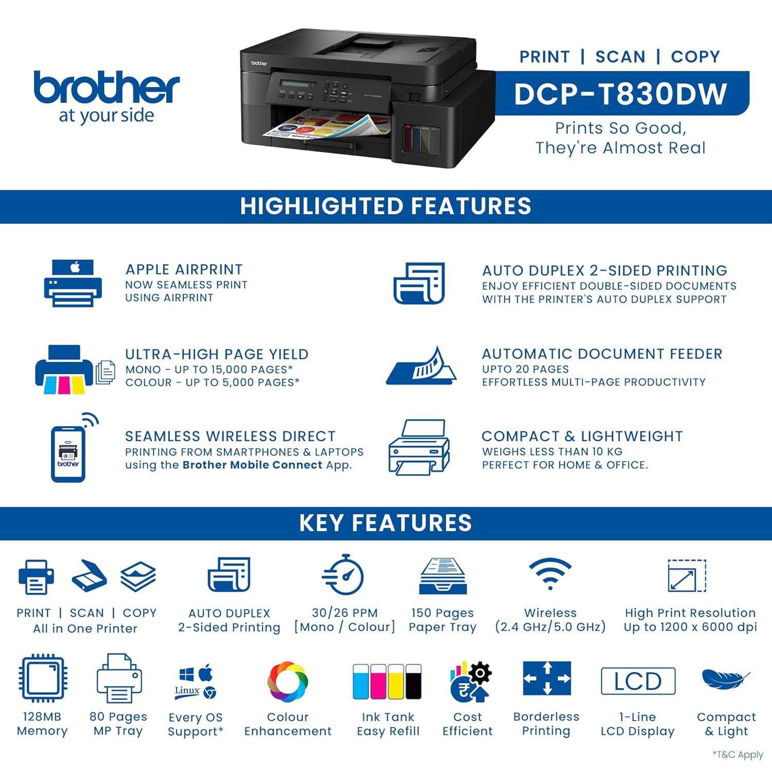 Brother Ink Tank DCP-T830DW (New Launch) WIFI Auto Duplex Color Printer (Print Scan Copy),ADF,LAN, PrintUpto 15K Pages Black & 5K Color Each for(CMY),Extra Black Ink, 80 Sheet MP Tray, Free Installation