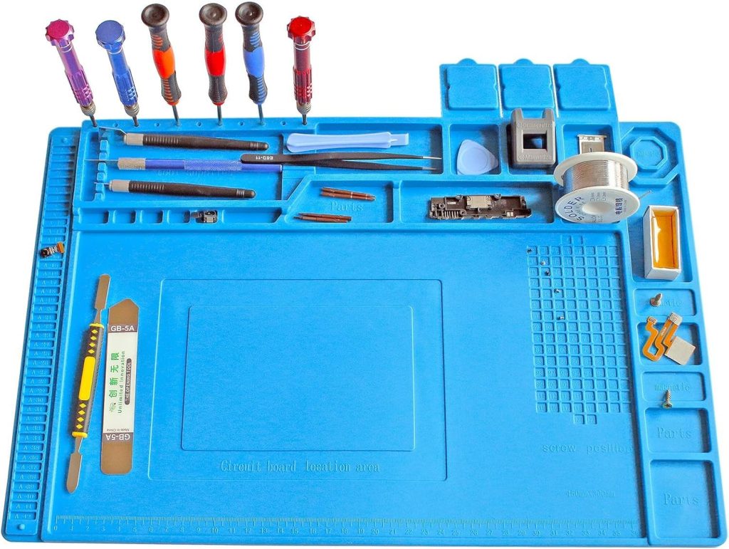 COOLCOLD Silicone Soldering Mat Heat Resistant up to 932°F – Large 17.8 x 11.8 inch Magnetic Work Mat for Electronics Repair, Cell Phone, Laptop, Computer, Soldering Station (Blue)