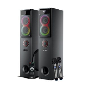 Intex Titan 3000 (D) Tower Speaker with 300W Sound Output, Dual 10" Woofer, Wireless UHF Mic, Bluetooth, FM/USB/HDMI Support, Powerful Bass, LED Display, Recording Feature, Remote Control, Black